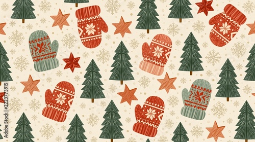 Seamless Scandinavian winter pattern with trees, snowflakes, mittens, and stars in muted colors Generative AI