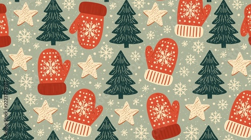 Seamless Scandinavian winter pattern with trees, mittens, snowflakes, and stars in muted colors for gift packaging Generative AI