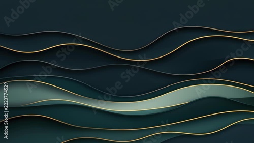 Dark Teal Waves with Golden Accents: An abstract background featuring elegantly layered waves in deep teal, accented by thin, shimmering golden lines.