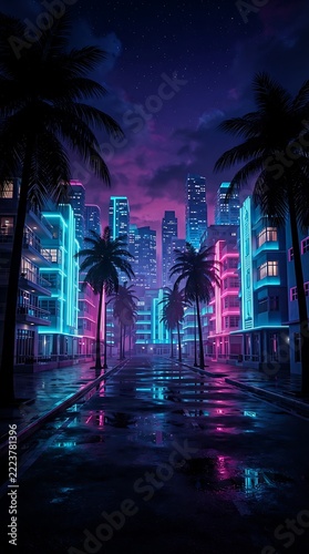 Vibrant Neon Cityscape with Palm Trees and Reflective Wet Street at Night.