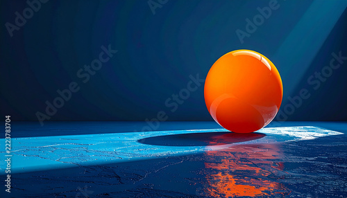 3d Render of Glossy Orange Sphere on Wet Blue Surface With Dramatic Lighting And Reflection