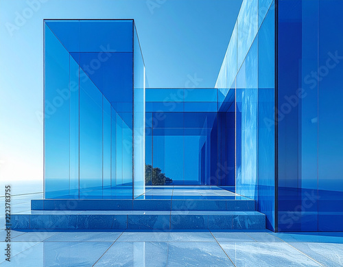 Modern Blue Glass Architectural Structure With Minimalist Ocean View Design And Bright Daylight