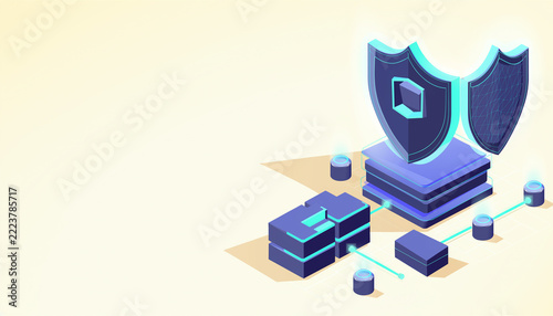 Isometric Cybersecurity Shield and Connected Digital Infrastructure