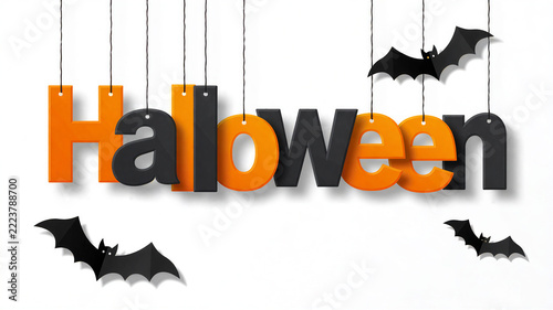 Realistic 3D render of Halloween hanging letters and bats