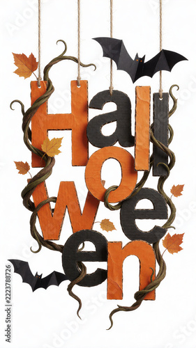 Elegant Halloween hanging typography with paper bats vector