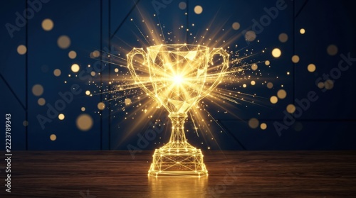 Shiny Golden Trophy with Sparkles on Dark Background