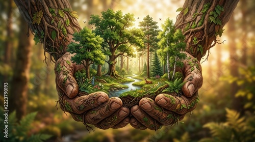 Conceptual image of giant tree hands holding a miniature forest ecosystem.