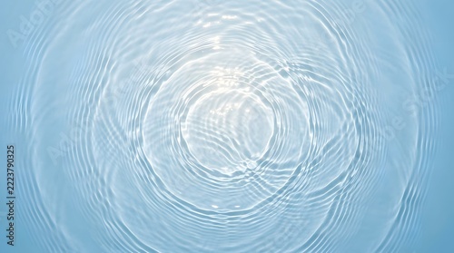 Concentric ripples on a pale blue water surface, top-down view of liquid disturbance creating circular waves and light refractions