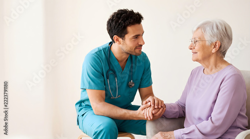 Compassionate male nurse sitting at eye level and holding the hand of a smiling elderly woman in an armchair, conveying trust, empathy and professional senior care.