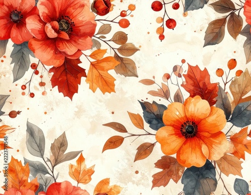Autumn floral pattern, orange and red poppies with fall foliage and berries, seamless textile print design for seasonal decor