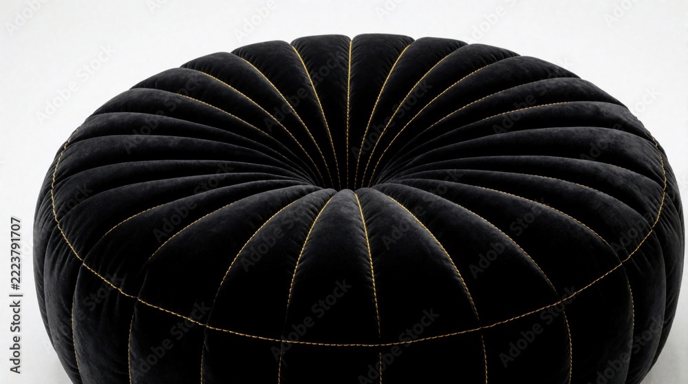 Naklejka premium Modern black velvet puffer ottoman with bright yellow contrast stitching. Round quilted pouf stool features pleated texture, soft fabric. Stylish circular cushion serves as decorative accent piece in