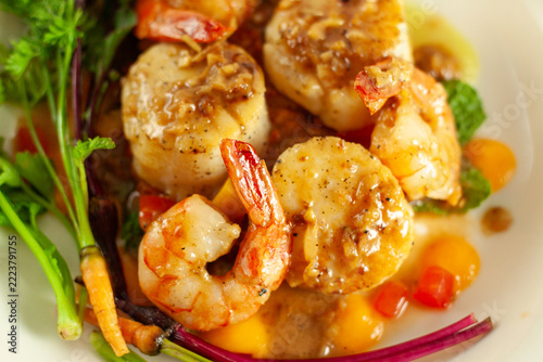 Top Down Macro of Pan Seared Scallops and Garlic Shrimp Medley