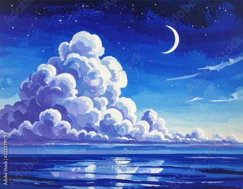 Night ocean painting with moon and large fluffy clouds, artistic seascape for calming atmospheric graphic design projects