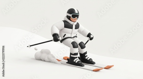 Cartoon skier performing alpine skiing on snow, wearing winter gear, helmet, and goggles, sport concept, copy space