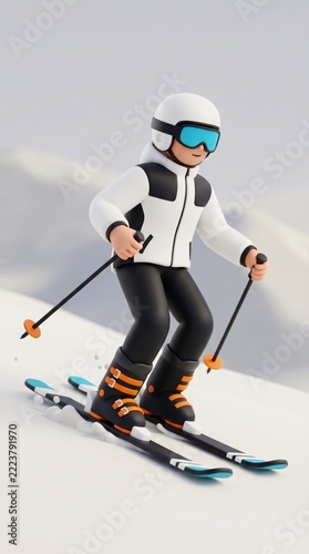 3d character skiing downhill in mountains, depicting athlete having fun during winter activity