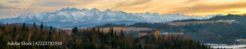 Czorsztyn Castle near Niedzica village with Tatra mountains in the background. Pieniny mountain range of Poland
