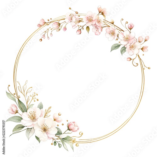 Fine Gold Circle Monogram Frame with Pink Cherry Blossom Branches