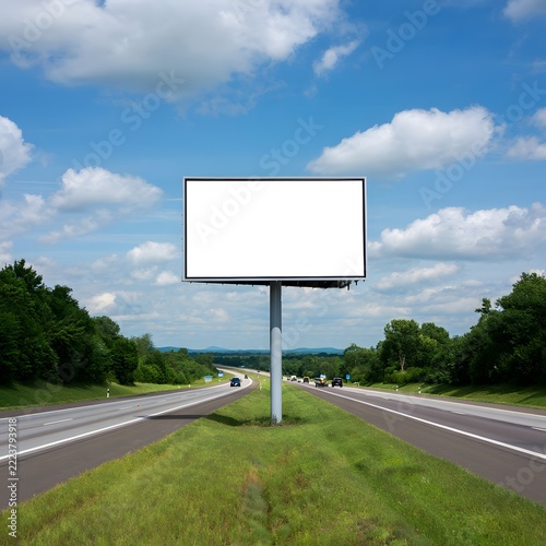 Empty highway billboard on clear sunny day surrounded by greenery