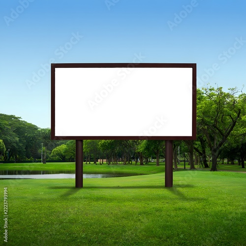 Large blank billboard standing in green park landscape