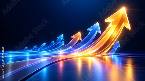Glowing abstract arrows in blue and orange ascend upwards on a dark background symbolizing growth success and progress in business and finance.