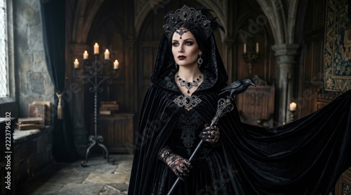 Regal dark queen in black gown holding staff in castle.