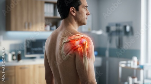 Male patient showing glowing red shoulder joint pain area.