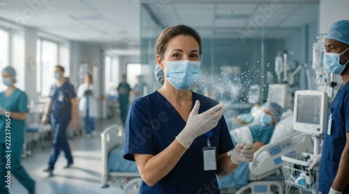 Female doctor wearing mask and scrubs in hospital environment.