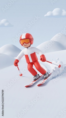 3d character skiing on snowy mountain slope, concept of winter recreation