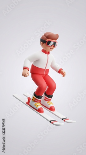 3d character skiing downhill enjoying winter sports