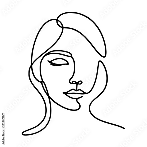 Minimalist continuous line female face illustration with flowing hair and elegant contour style