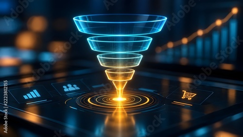 Glowing digital sales funnel hovering over a tablet screen with shopping cart and analytics icons representing e-commerce marketing strategy and customer conversion process