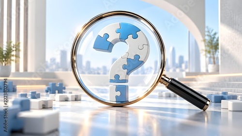 Magnifying glass focusing on a 3D question mark made of puzzle pieces representing problem solving business strategy investigation and finding the missing link