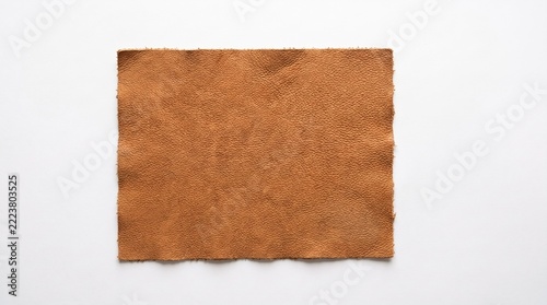 Buff Leather Swatch On White Background With Visible Grain Texture And Frayed Edges