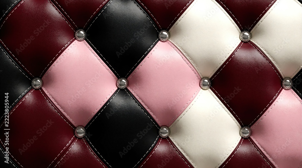 Naklejka premium Red leather upholstery with diamond pattern, decorative buttons. Luxury tufted surface features black cream, pink colors. Stylish geometric texture for modern furniture design. Chic material shows