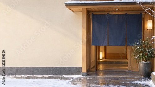 雪の積もる和風建築の入口と左側の広い壁面