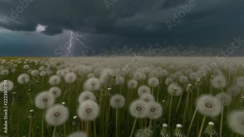 Dark storm clouds over a massive dandelion field with lightning