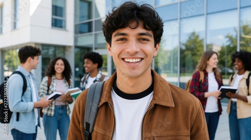 Smiling young Latin male student stands outside college campus. Happy Hispanic man with backpack looks at camera near university building. Group of diverse classmates chat, hold books in background.