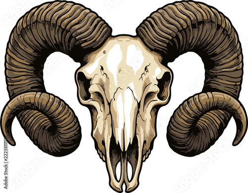 Ram Skull Illustration with Large Curved Horns in Detailed Vector Graphic Art Style