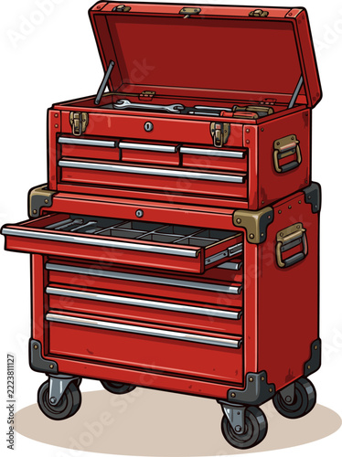 Red Toolbox with Multiple Drawers and Open Top Compartment Containing Various Hand Tools