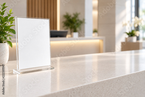 Blank Acrylic Sign Holder on Modern Reception Counter with Copy Space