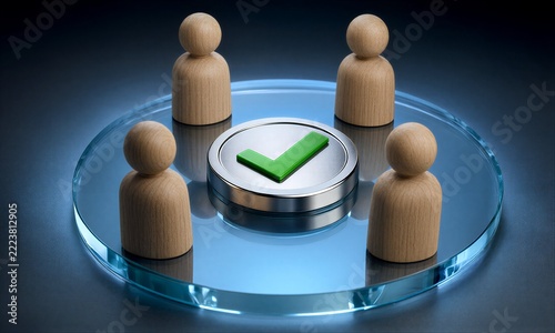Four wooden figures surround a green checkmark button on reflective glass.