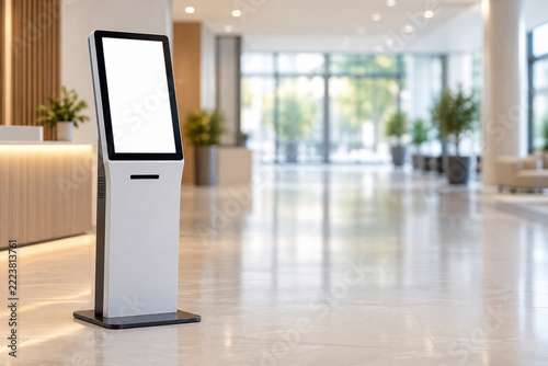 Blank Self Service Kiosk Touchscreen in Modern Commercial Lobby