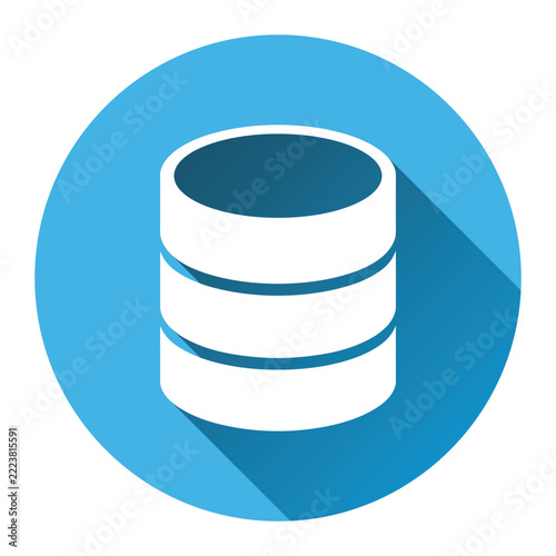 Database icon on blue circle. Server stack graphic. Digital data storage icon. Cloud database symbol.
