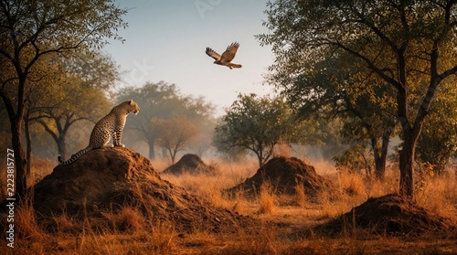 Wild leopard sits on large dirt mound in dry Indian forest. Spotted big cat watches flying bird in safari park. Predator rests on earth hill among trees during sunset. Majestic feline stays alert in