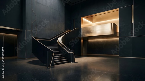 Modern luxury interior featuring a dramatic dark curved staircase in a minimalist contemporary architectural lobby space