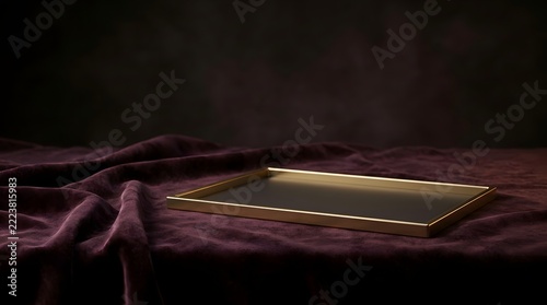 Empty rectangular golden tray resting on a luxurious dark purple velvet fabric surface with dramatic moody lighting