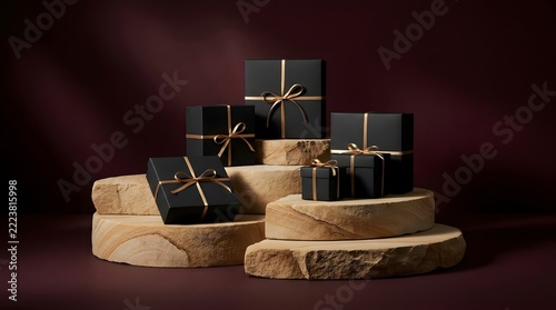 Elegant black gift boxes arranged on rustic wooden slices against a dark burgundy background for luxury holiday shopping