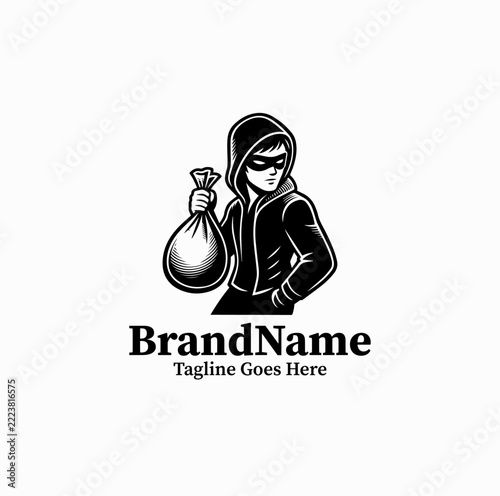 Bandit Character Vector Logo — Black Image Masked Rogue Graphic Isolated on White Background