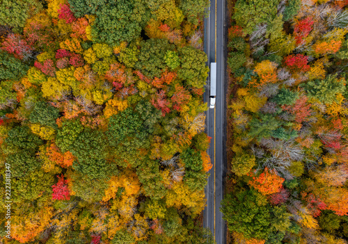 Aerial view of route 202 in Pelham, Massachusett, close to peak fall foliage 