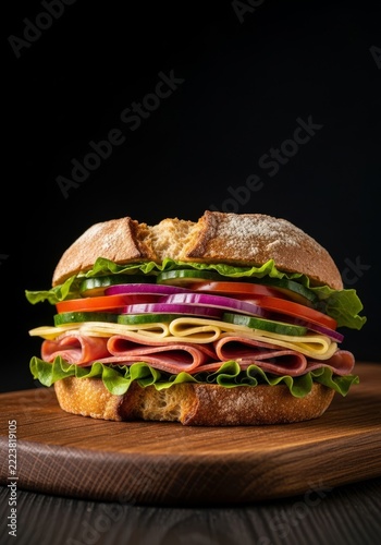 A multi-layered gourmet sandwich rests on a rustic wooden board, illuminated by dramatic high dynamic range lighting and organic details, light, kitchen, vivid